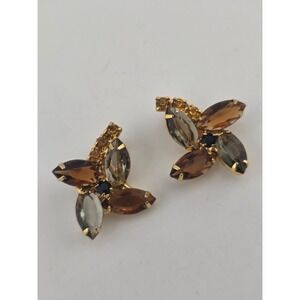 Vintage Julianna-Style Amber Tone Marquis Rhinestone Clip On‎ Earrings